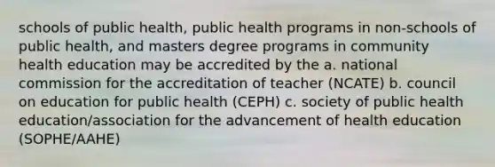 schools of public health, public health programs in non-schools of public health, and masters degree programs in community health education may be accredited by the a. national commission for the accreditation of teacher (NCATE) b. council on education for public health (CEPH) c. society of public health education/association for the advancement of health education (SOPHE/AAHE)