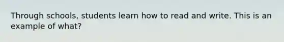 Through schools, students learn how to read and write. This is an example of what?