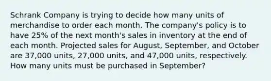 Schrank Company is trying to decide how many units of merchandise to order each month. The company's policy is to have 25% of the next month's sales in inventory at the end of each month. Projected sales for August, September, and October are 37,000 units, 27,000 units, and 47,000 units, respectively. How many units must be purchased in September?