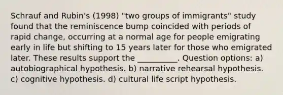 Schrauf and Rubin's (1998) "two groups of immigrants" study found that the reminiscence bump coincided with periods of rapid change, occurring at a normal age for people emigrating early in life but shifting to 15 years later for those who emigrated later. These results support the __________. Question options: a) autobiographical hypothesis. b) narrative rehearsal hypothesis. c) cognitive hypothesis. d) cultural life script hypothesis.