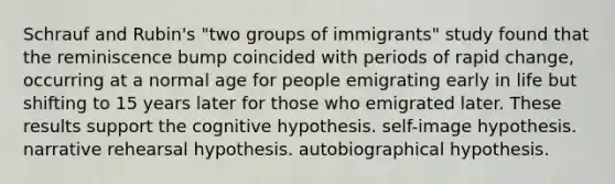 Schrauf and Rubin's "two groups of immigrants" study found that the reminiscence bump coincided with periods of rapid change, occurring at a normal age for people emigrating early in life but shifting to 15 years later for those who emigrated later. These results support the cognitive hypothesis. self-image hypothesis. narrative rehearsal hypothesis. autobiographical hypothesis.