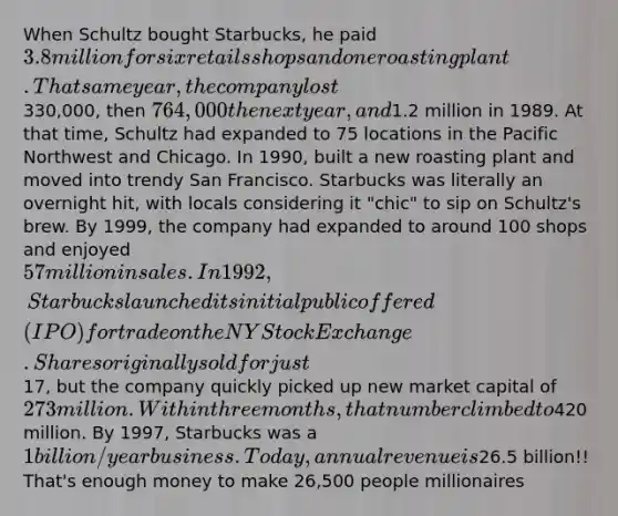 When Schultz bought Starbucks, he paid 3.8 million for six retails shops and one roasting plant. That same year, the company lost330,000, then 764,000 the next year, and1.2 million in 1989. At that time, Schultz had expanded to 75 locations in the Pacific Northwest and Chicago. In 1990, built a new roasting plant and moved into trendy San Francisco. Starbucks was literally an overnight hit, with locals considering it "chic" to sip on Schultz's brew. By 1999, the company had expanded to around 100 shops and enjoyed 57 million in sales. In 1992, Starbucks launched its initial public offered (IPO) for trade on the NY Stock Exchange. Shares originally sold for just17, but the company quickly picked up new market capital of 273 million. Within three months, that number climbed to420 million. By 1997, Starbucks was a 1 billion/year business. Today, annual revenue is26.5 billion!! That's enough money to make 26,500 people millionaires