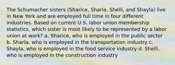 The Schumacher sisters (Sharice, Sharla, Shelli, and Shayla) live in New York and are employed full time in four different industries. Based on current U.S. labor union membership statistics, which sister is most likely to be represented by a labor union at work? a. Sharice, who is employed in the public sector b. Sharla, who is employed in the transportation industry c. Shayla, who is employed in the food service industry d. Shelli, who is employed in the construction industry