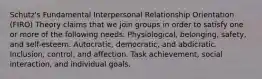 Schutz's Fundamental Interpersonal Relationship Orientation (FIRO) Theory claims that we join groups in order to satisfy one or more of the following needs: Physiological, belonging, safety, and self-esteem. Autocratic, democratic, and abdicratic. Inclusion, control, and affection. Task achievement, social interaction, and individual goals.