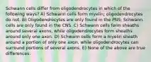 Schwann cells differ from oligodendrocytes in which of the following ways? A) Schwann cells form myelin; oligodendrocytes do not. B) Oligodendrocytes are only found in the PNS; Schwann cells are only found in the CNS. C) Schwann cells form sheaths around several axons, while oligodendrocytes form sheaths around only one axon. D) Schwann cells form a myelin sheath around a portion of only one axon, while oligodendrocytes can surround portions of several axons. E) None of the above are true differences.