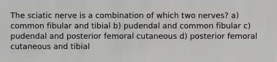 The sciatic nerve is a combination of which two nerves? a) common fibular and tibial b) pudendal and common fibular c) pudendal and posterior femoral cutaneous d) posterior femoral cutaneous and tibial