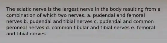 The sciatic nerve is the largest nerve in the body resulting from a combination of which two nerves: a. pudendal and femoral nerves b. pudendal and tibial nerves c. pudendal and common peroneal nerves d. common fibular and tibial nerves e. femoral and tibial nerves