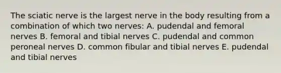 The sciatic nerve is the largest nerve in the body resulting from a combination of which two nerves: A. pudendal and femoral nerves B. femoral and tibial nerves C. pudendal and common peroneal nerves D. common fibular and tibial nerves E. pudendal and tibial nerves