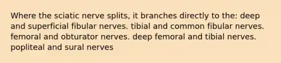 Where the sciatic nerve splits, it branches directly to the: deep and superficial fibular nerves. tibial and common fibular nerves. femoral and obturator nerves. deep femoral and tibial nerves. popliteal and sural nerves