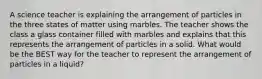 A science teacher is explaining the arrangement of particles in the three states of matter using marbles. The teacher shows the class a glass container filled with marbles and explains that this represents the arrangement of particles in a solid. What would be the BEST way for the teacher to represent the arrangement of particles in a liquid?