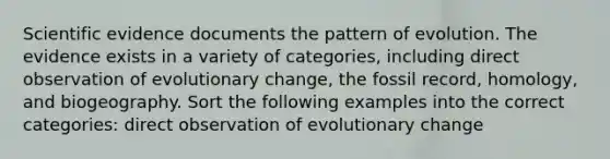 Scientific evidence documents the pattern of evolution. The evidence exists in a variety of categories, including direct observation of evolutionary change, the fossil record, homology, and biogeography. Sort the following examples into the correct categories: direct observation of evolutionary change