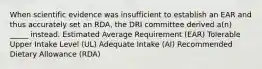 When scientific evidence was insufficient to establish an EAR and thus accurately set an RDA, the DRI committee derived a(n) _____ instead. Estimated Average Requirement (EAR) Tolerable Upper Intake Level (UL) Adequate Intake (AI) Recommended Dietary Allowance (RDA)