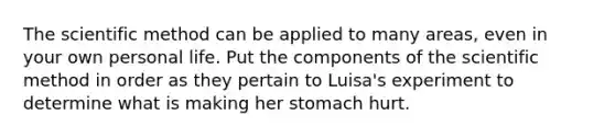 The scientific method can be applied to many areas, even in your own personal life. Put the components of the scientific method in order as they pertain to Luisa's experiment to determine what is making her stomach hurt.