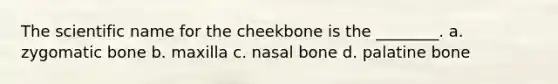 The scientific name for the cheekbone is the ________. a. zygomatic bone b. maxilla c. nasal bone d. palatine bone