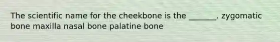 The scientific name for the cheekbone is the _______. zygomatic bone maxilla nasal bone palatine bone