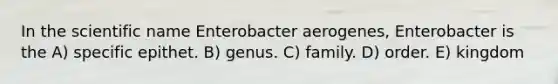 In the scientific name Enterobacter aerogenes, Enterobacter is the A) specific epithet. B) genus. C) family. D) order. E) kingdom