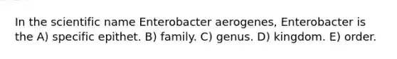 In the scientific name Enterobacter aerogenes, Enterobacter is the A) specific epithet. B) family. C) genus. D) kingdom. E) order.