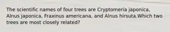 The scientific names of four trees are Cryptomeria japonica, Alnus japonica, Fraxinus americana, and Alnus hirsuta.Which two trees are most closely related?