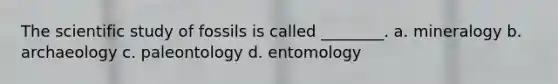 The scientific study of fossils is called ________. a. mineralogy b. archaeology c. paleontology d. entomology