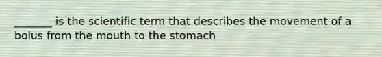 _______ is the scientific term that describes the movement of a bolus from <a href='https://www.questionai.com/knowledge/krBoWYDU6j-the-mouth' class='anchor-knowledge'>the mouth</a> to the stomach