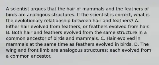 A scientist argues that the hair of mammals and the feathers of birds are analogous structures. If the scientist is correct, what is the evolutionary relationship between hair and feathers? A. Either hair evolved from feathers, or feathers evolved from hair. B. Both hair and feathers evolved from the same structure in a common ancestor of birds and mammals. C. Hair evolved in mammals at the same time as feathers evolved in birds. D. The wing and front limb are analogous structures; each evolved from a common ancestor.