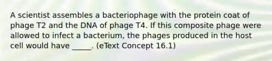 A scientist assembles a bacteriophage with the protein coat of phage T2 and the DNA of phage T4. If this composite phage were allowed to infect a bacterium, the phages produced in the host cell would have _____. (eText Concept 16.1)