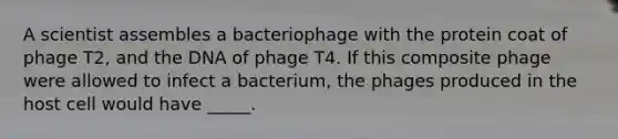 A scientist assembles a bacteriophage with the protein coat of phage T2, and the DNA of phage T4. If this composite phage were allowed to infect a bacterium, the phages produced in the host cell would have _____.