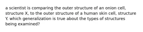 a scientist is comparing the outer structure of an onion cell, structure X, to the outer structure of a human skin cell, structure Y. which generalization is true about the types of structures being examined?