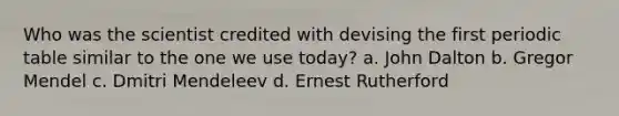 Who was the scientist credited with devising the first periodic table similar to the one we use today? a. John Dalton b. Gregor Mendel c. Dmitri Mendeleev d. Ernest Rutherford