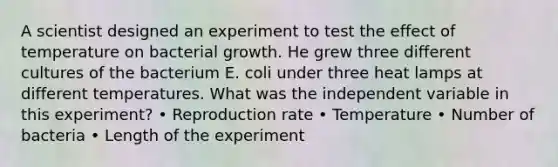 A scientist designed an experiment to test the effect of temperature on bacterial growth. He grew three different cultures of the bacterium E. coli under three heat lamps at different temperatures. What was the independent variable in this experiment? • Reproduction rate • Temperature • Number of bacteria • Length of the experiment