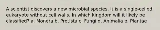 A scientist discovers a new microbial species. It is a single-celled eukaryote without cell walls. In which kingdom will it likely be classified? a. Monera b. Protista c. Fungi d. Animalia e. Plantae