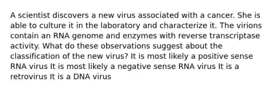 A scientist discovers a new virus associated with a cancer. She is able to culture it in the laboratory and characterize it. The virions contain an RNA genome and enzymes with reverse transcriptase activity. What do these observations suggest about the classification of the new virus? It is most likely a positive sense RNA virus It is most likely a negative sense RNA virus It is a retrovirus It is a DNA virus