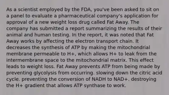 As a scientist employed by the FDA, you've been asked to sit on a panel to evaluate a pharmaceutical company's application for approval of a new weight loss drug called Fat Away. The company has submitted a report summarizing the results of their animal and human testing. In the report, it was noted that Fat Away works by affecting the electron transport chain. It decreases the synthesis of ATP by making the mitochondrial membrane permeable to H+, which allows H+ to leak from the intermembrane space to the mitochondrial matrix. This effect leads to weight loss. Fat Away prevents ATP from being made by preventing glycolysis from occurring. slowing down the citric acid cycle. preventing the conversion of NADH to NAD+. destroying the H+ gradient that allows ATP synthase to work.