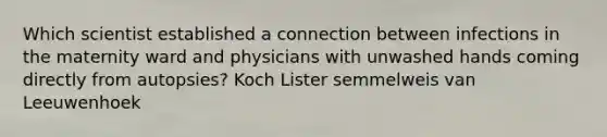 Which scientist established a connection between infections in the maternity ward and physicians with unwashed hands coming directly from autopsies? Koch Lister semmelweis van Leeuwenhoek