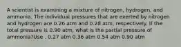 A scientist is examining a mixture of nitrogen, hydrogen, and ammonia. The individual pressures that are exerted by nitrogen and hydrogen are 0.26 atm and 0.28 atm, respectively. If the total pressure is 0.90 atm, what is the partial pressure of ammonia?Use . 0.27 atm 0.36 atm 0.54 atm 0.90 atm