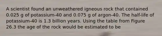 A scientist found an unweathered igneous rock that contained 0.025 g of potassium-40 and 0.075 g of argon-40. The half-life of potassium-40 is 1.3 billion years. Using the table from Figure 26.3 the age of the rock would be estimated to be