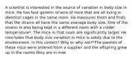 A scientist is interested in the source of variation in body size in mice. He has four genetic strains of mice that are all living in identical cages in the same room. He measures them and finds that the strains all have the same average body size. One of the strains is also being kept in a different room with a colder temperature*. The mice in that room are significantly larger. He concludes that body size variation in mice is solely due to the environment. Is this correct? Why or why not?*The parents of these mice were ordered from a supplier and the offspring grew up in the rooms they are in now.