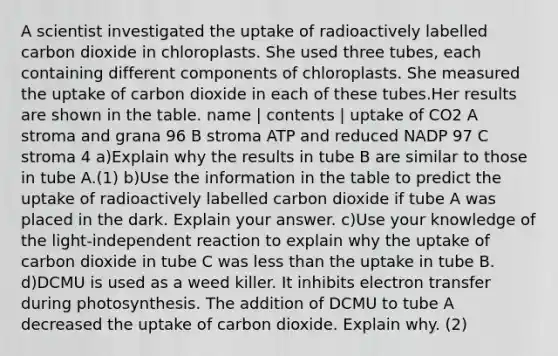 A scientist investigated the uptake of radioactively labelled carbon dioxide in chloroplasts. She used three tubes, each containing different components of chloroplasts. She measured the uptake of carbon dioxide in each of these tubes.Her results are shown in the table. name | contents | uptake of CO2 A stroma and grana 96 B stroma ATP and reduced NADP 97 C stroma 4 a)Explain why the results in tube B are similar to those in tube A.(1) b)Use the information in the table to predict the uptake of radioactively labelled carbon dioxide if tube A was placed in the dark. Explain your answer. c)Use your knowledge of the light-independent reaction to explain why the uptake of carbon dioxide in tube C was <a href='https://www.questionai.com/knowledge/k7BtlYpAMX-less-than' class='anchor-knowledge'>less than</a> the uptake in tube B. d)DCMU is used as a weed killer. It inhibits <a href='https://www.questionai.com/knowledge/kzP6QOcY63-electron-transfer' class='anchor-knowledge'>electron transfer</a> during photosynthesis. The addition of DCMU to tube A decreased the uptake of carbon dioxide. Explain why. (2)