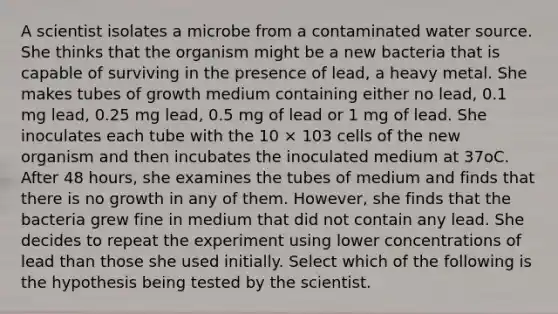 A scientist isolates a microbe from a contaminated water source. She thinks that the organism might be a new bacteria that is capable of surviving in the presence of lead, a heavy metal. She makes tubes of growth medium containing either no lead, 0.1 mg lead, 0.25 mg lead, 0.5 mg of lead or 1 mg of lead. She inoculates each tube with the 10 × 103 cells of the new organism and then incubates the inoculated medium at 37oC. After 48 hours, she examines the tubes of medium and finds that there is no growth in any of them. However, she finds that the bacteria grew fine in medium that did not contain any lead. She decides to repeat the experiment using lower concentrations of lead than those she used initially. Select which of the following is the hypothesis being tested by the scientist.