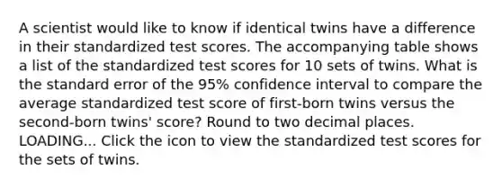 A scientist would like to know if identical twins have a difference in their standardized test scores. The accompanying table shows a list of the standardized test scores for 10 sets of twins. What is the standard error of the​ 95% confidence interval to compare the average standardized test score of​ first-born twins versus the​ second-born twins'​ score? Round to two decimal places. LOADING... Click the icon to view the standardized test scores for the sets of twins.