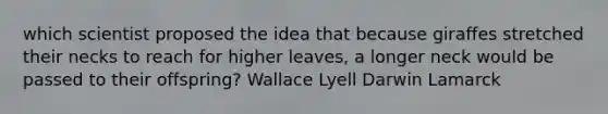 which scientist proposed the idea that because giraffes stretched their necks to reach for higher leaves, a longer neck would be passed to their offspring? Wallace Lyell Darwin Lamarck