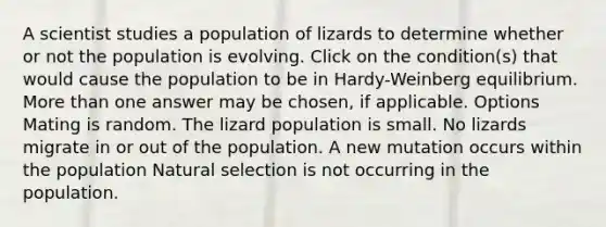 A scientist studies a population of lizards to determine whether or not the population is evolving. Click on the condition(s) that would cause the population to be in Hardy-Weinberg equilibrium. More than one answer may be chosen, if applicable. Options Mating is random. The lizard population is small. No lizards migrate in or out of the population. A new mutation occurs within the population Natural selection is not occurring in the population.