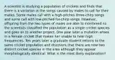 A scientist is studying a population of crickets and finds that there is a variation in the songs caused by males to call for their mates. Some males call with a high-pitches three-chirp songs and some call with low-pitched for-chirp songs. However, offspring from the two types of males are able to interbreed so the scientists classified the population as a single cricket species and goes on to another project. One year later a mutation arises in a female cricket that makes her unable to hear high frequencies. Ten years later a graduate student returns to the same cricket population and discovers that there are now two distinct cricket species in the area although they appear morphologically identical. What is the most likely explanation?