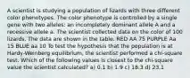 A scientist is studying a population of lizards with three different color phenotypes. The color phenotype is controlled by a single gene with two alleles: an incompletely dominant allele A and a recessive allele a. The scientist collected data on the color of 100 lizards. The data are shown in the table. RED AA 75 PURPLE Aa 15 BLUE aa 10 To test the hypothesis that the population is at Hardy-Weinberg equilibrium, the scientist performed a chi-square test. Which of the following values is closest to the chi-square value the scientist calculated? a) 0.1 b) 1.9 c) 18.3 d) 23.1