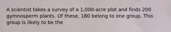 A scientist takes a survey of a 1,000-acre plot and finds 200 gymnosperm plants. Of these, 180 belong to one group. This group is likely to be the