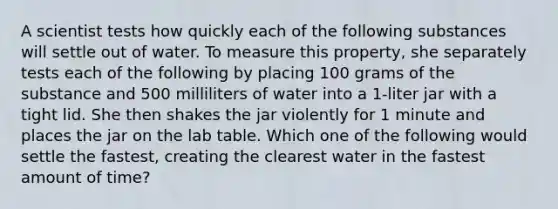 A scientist tests how quickly each of the following substances will settle out of water. To measure this property, she separately tests each of the following by placing 100 grams of the substance and 500 milliliters of water into a 1-liter jar with a tight lid. She then shakes the jar violently for 1 minute and places the jar on the lab table. Which one of the following would settle the fastest, creating the clearest water in the fastest amount of time?