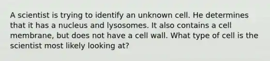 A scientist is trying to identify an unknown cell. He determines that it has a nucleus and lysosomes. It also contains a cell membrane, but does not have a cell wall. What type of cell is the scientist most likely looking at?