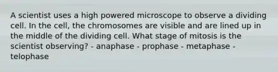 A scientist uses a high powered microscope to observe a dividing cell. In the cell, the chromosomes are visible and are lined up in the middle of the dividing cell. What stage of mitosis is the scientist observing? - anaphase - prophase - metaphase - telophase