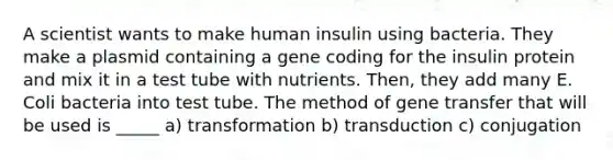 A scientist wants to make human insulin using bacteria. They make a plasmid containing a gene coding for the insulin protein and mix it in a test tube with nutrients. Then, they add many E. Coli bacteria into test tube. The method of gene transfer that will be used is _____ a) transformation b) transduction c) conjugation