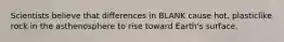 Scientists believe that differences in BLANK cause hot, plasticlike rock in the asthenosphere to rise toward Earth's surface.